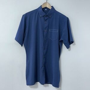 State and Liberty Shirt Men Large Blue Dot Stretch Short Sleeve Button Up